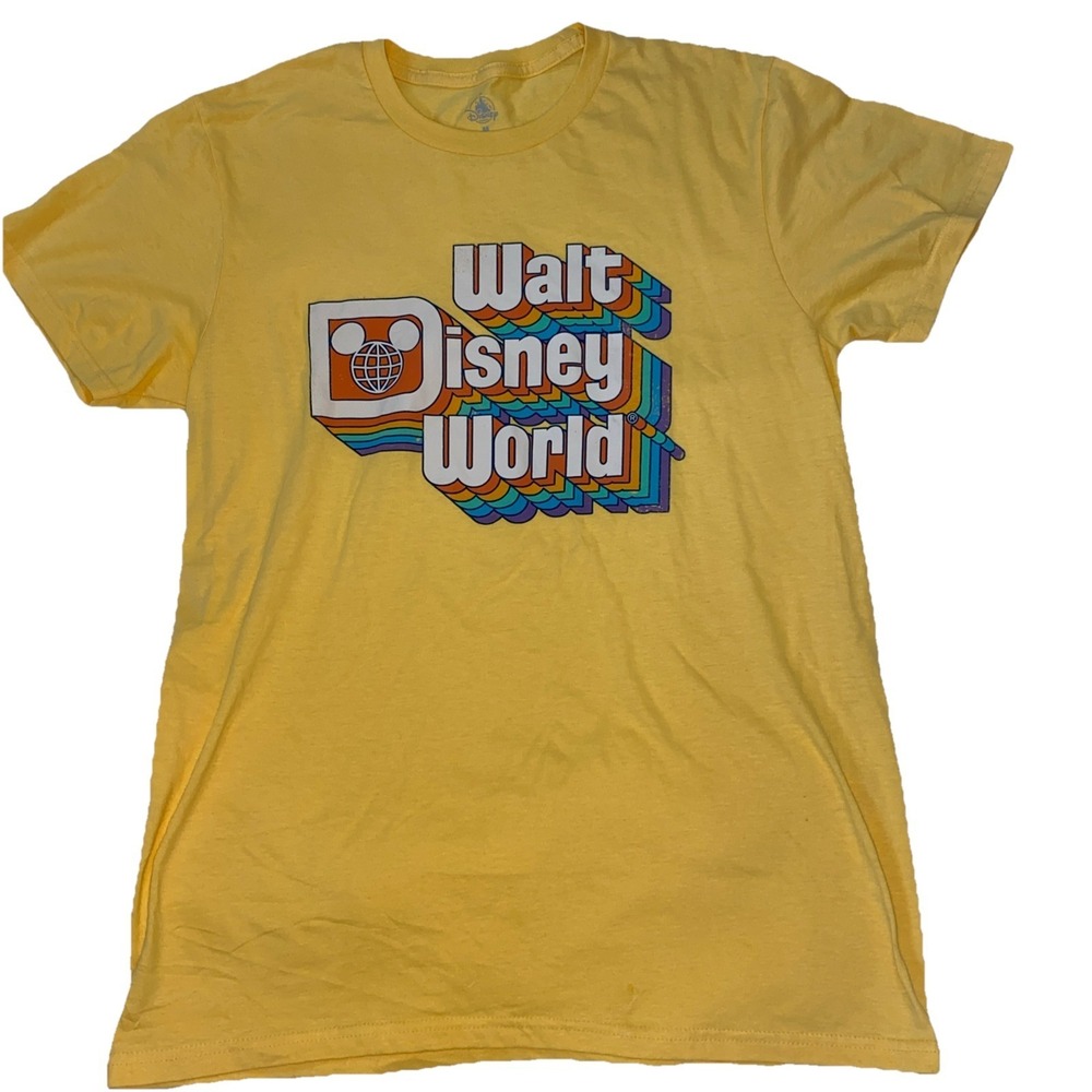 Disney Parks Walt Disney World Retro Rainbow Logo Mickey Yellow Shirt Medium